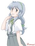  1girl bow bowtie collared_shirt dress_shirt emuwai finger_to_mouth green_bow green_bowtie green_hairband green_scrunchie grey_eyes grey_hair grey_skirt hair_ornament hair_scrunchie hairband kantai_collection long_hair low-tied_long_hair one-hour_drawing_challenge plaid plaid_bow plaid_bowtie pleated_skirt scrunchie shirt simple_background skirt smile solo suspender_skirt suspenders twitter_username white_background white_shirt yamagumo_(kancolle) 