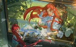  1girl absurdres armchair book candlestand chair chinese_commentary choker closed_mouth commentary_request dappled_sunlight day dress earrings fanshou_zhiyu feet_out_of_frame floating_hair flower frilled_dress frilled_gloves frills gloves grass green_eyes hand_in_own_hair helix_waltz_2 highres jewelry kalia_rovella long_hair looking_at_object looking_at_painting looking_to_the_side open_book orange_lips parted_bangs picture_frame pink_flower pink_rose portrait_(object) puffy_short_sleeves puffy_sleeves railing reading red_choker red_hair red_ribbon ribbon rose short_sleeves sitting solo sunlight table tile_wall tiles tree vase very_long_hair waist_ribbon watermark weibo_watermark white_dress white_flower white_gloves white_rose wooden_table 