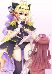  ... 2girls absurdres antenna_hair black_bow black_bowtie black_capelet black_dress black_panties black_thighhighs blonde_hair bow bowtie braid brooch capelet clothes_lift commentary cowboy_shot crown_braid cure_arcana_shadow diamond_hairband dress dress_flip dress_lift earrings frilled_capelet frilled_cuffs frilled_dress frills frown gradient_hair hair_bow hair_intakes hat heart heart_brooch highres holding holding_magnifying_glass holding_staff jewelry kobayashi_mikuru layered_dress lifting_another's_clothes long_hair long_sleeves looking_at_another magical_girl magnifying_glass meitantei_precure! moria_luluka multi-strapped_panties multicolored_hair multiple_girls newsboy_cap open_mouth panties precure purple_veil red_capelet red_dress red_hat short_dress squatting staff standing sumilo_don tear_arcana_rod thigh-highs twitter_username two_side_up underwear veil violet_eyes 
