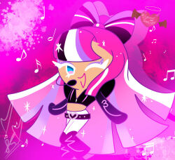 1girl belt boots bow-shaped_hair cookie_run cookie_run:_ovenbreak cropped_jacket female glitter glitter_in_hair glitter_makeup headset heart long_hair looking_at_viewer makeup multicolored_hair musical_note one_eye_closed pink_hair shining_glitter_cookie smile sylveonkawaii289