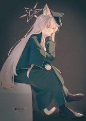  1girl absurdres akira_(blue_archive) akira_(miria)_(blue_archive) animal_ears artist_name black_background blue_archive boots cho_ss_1 closed_mouth gloves green_shawl halo hand_on_own_leg hat head_on_hand highres long_hair looking_at_viewer pants peaked_cap pink_hair pink_halo red_eyes shawl sitting solo 