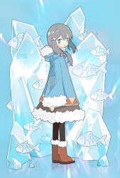  1girl blue_background blue_eyes boots brown_hair commentary english_commentary fish fish_skeleton_hair_ornament from_side full_body fur-trimmed_boots fur-trimmed_hood fur-trimmed_skirt fur-trimmed_sleeves fur_trim highres hood hooded_jacket ice jacket long_hair long_sleeves looking_at_viewer melanbread open_mouth original pantyhose reflection skirt smile solo 