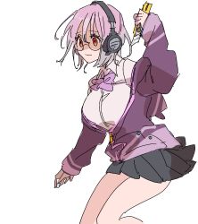  1girl arm_up black_skirt bow bowtie boxcutter breasts closed_mouth collared_shirt commentary empty_eyes gridman_universe headphones highres himagosan holding holding_boxcutter jacket large_breasts long_sleeves looking_ahead partially_unzipped pleated_skirt purple_bow purple_bowtie purple_hair purple_jacket red_eyes school_uniform shaded_face shinjou_akane shirt short_hair skirt sleeves_past_wrists solo ssss.gridman white_background white_shirt 