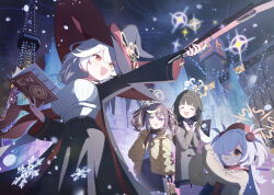  4girls bag beret black_jacket black_scarf black_skirt blonde_hair blue_archive bolt_action breasts brown_coat brown_hair carcano castle closed_eyes coat commentary_request earrings eri_(blue_archive) fence gun hair_ornament hair_over_one_eye halo hat higashigure highres holding holding_bag holding_gun holding_gun_barrel holding_weapon jacket jewelry kanoe_(blue_archive) large_breasts long_sleeves looking_at_another looking_to_the_side multicolored_hair multiple_girls night open_mouth red_scarf rena_(blue_archive) rifle scarf shirt skirt smile snow sparkle striped_clothes sweatdrop sweater transmission_tower tsumugi_(blue_archive) two_side_up under_boob vertical-striped_clothes weapon white_shirt white_sweater wide_sleeves witch_hat x_hair_ornament yellow_coat yellow_eyes yellow_halo 