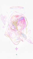  1girl absurdres ambience_synesthesia arknights bird disembodied_hand dove facial_mark gold_collar half-closed_eyes halo highres lemuen_(arknights) lemuen_(requiem_vesperis)_(arknights) long_hair looking_down moonunon official_alternate_costume one_eye_covered pink_eyes pink_hair see-through_clothes see-through_veil solo teardrop_facial_mark upper_body veil white_background white_veil 