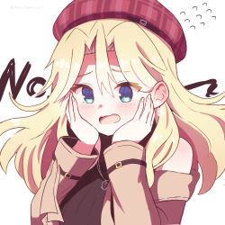  1girl absurdres bare_shoulders beret black_sweater blonde_hair blue_eyes blush brown_coat carole_reaper carole_reaper_(carnival_rendezvous) coat commentary_request double-parted_bangs ear_blush earrings embarrassed english_text floating_hair furrowed_brow hair_behind_ear hair_between_eyes hands_on_own_cheeks hands_on_own_face hands_up hat heaven_burns_red highres jewelry long_hair long_sleeves open_clothes open_coat open_mouth plaid_hat red_hat ribbed_sweater shira_461 simple_background sleeveless sleeveless_sweater solo sweater twitter_username upper_body wavy_mouth white_background 