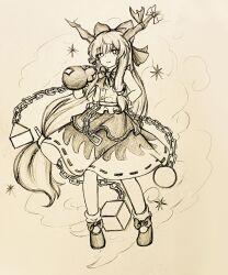  1girl absurdres bow closed_mouth commentary_request cuffs footwear_bow full_body gourd greyscale hair_bow highres holding holding_gourd horn_ornament horn_ribbon horns ibuki_suika long_hair looking_at_viewer low-tied_long_hair monochrome ribbon ribbon-trimmed_skirt ribbon_trim shackles shirt shoes sidelocks simple_background skirt sleeveless sleeveless_shirt socks solo star_(symbol) touhou traditional_media very_long_hair wrist_cuffs wu_yu_wanwan 