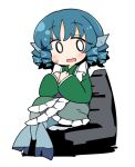  1girl blue_eyes blue_hair blush drill_hair fins green_kimono head_fins ini_(inunabe00) japanese_clothes kimono long_sleeves mermaid monster_girl obi open_mouth sash short_hair simple_background solo touhou wakasagihime white_background wide_sleeves 