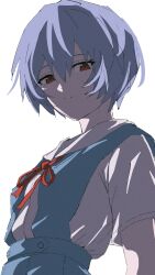  1girl ayanami_rei backlighting blue_hair blue_skirt blue_vest breasts buttons closed_mouth commentary from_side hair_between_eyes highres looking_at_viewer neck_ribbon neon_genesis_evangelion open_clothes open_vest pale_skin red_eyes red_ribbon ribbon ru_neko_ru sailor_collar school_uniform shirt short_hair short_sleeves simple_background skirt small_breasts smile solo tokyo-3_middle_school_uniform untranslatable_commentary upper_body vest white_background white_shirt 