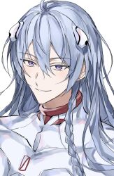  1boy ayanami_rei ayanami_rei_(cosplay) blue_hair bodysuit braid commentary_request cosplay covered_collarbone ensemble_stars! hair_between_eyes hair_down hibiki_wataru highres interface_headset_(evangelion) looking_at_viewer male_focus mecha_pilot_suit neon_genesis_evangelion parted_lips plugsuit_(evangelion) portrait side_braid simple_background smile solo ume_(wezu) violet_eyes white_background white_bodysuit 
