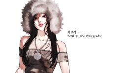  1girl arm_out_of_frame bare_shoulders black_hair breasts collarbone commentary_request english_text fur_hat hat hbd_1025 highres jewelry korean_commentary korean_text lips long_hair looking_at_viewer medium_breasts myers-briggs_type_indicator necklace original parted_bangs shirt simple_background sleeveless solo teeth upper_body white_background 