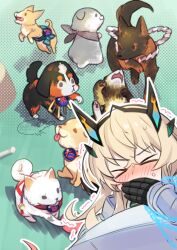  >_< 1girl armor ball bandana bandana_around_neck barghest_(fate) barghest_(first_ascension)_(fate) beads blonde_hair blush bone breastplate chain checkered_bandana closed_eyes daikaku_(fate) dog dousetsu_(fate) fate/grand_order fate_(series) gauntlets green_bandana grey_bandana highres horns keno_(fate) kobungo_(fate) long_hair multiple_dogs negi_(ulog'be) pauldrons red_bandana rope shinbei_(dog)_(fate) shino_(fate) shoulder_armor sousuke_(fate) 