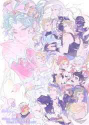  3girls 6+boys absurdres anniversary armband armor ascot bare_shoulders bead_necklace beads black_armband black_choker black_coat black_eyes black_gloves black_hair black_jacket black_mask black_shirt blonde_hair blue_armor blue_eyes blue_ribbon breasts bridal_gauntlets brothers brown_eyes cape capelet celes_chere choker closed_eyes closed_mouth coat collared_shirt commentary_request copyright_name creature cropped_jacket cyan_garamonde dated detached_sleeves dog dress earrings edgar_roni_figaro facial_hair falling_petals fang fang_out final_fantasy final_fantasy_vi fingerless_gloves gloves gogo green_hair grey_hair hair_ribbon hand_on_own_chest hat headscarf highres holding holding_paintbrush holding_painting horns interceptor_(ff6) jacket jewelry juliet_sleeves laughing locke_cole long_dress long_hair long_sleeves low_ponytail mask mayu0828_ff medium_breasts midriff mohawk moogle mouth_mask multi-tied_hair multiple_boys multiple_girls mustache necklace ninja official_alternate_costume old old_man one_eye_closed open_mouth outstretched_hand paintbrush painting_(object) parted_lips petals pink_ascot pink_eyes pink_petals pink_ribbon pink_sleeves ponytail portrait_(object) print_shirt puffy_sleeves red_hat relm_arrowny ribbon ribbon_choker sabin_rene_figaro scar scar_across_eye scar_on_arm scar_on_face setzer_gabbiani shadow_(ff6) shirt short_hair shoulder_armor shoulder_spikes siblings single_fingerless_glove single_horn sleeveless sleeveless_shirt smile spikes strago_magus sweatdrop terra_branford twins twintails umaro upper_body white_background white_choker white_dress white_nails white_shirt yellow_cape yellow_capelet yeti_(creature) 