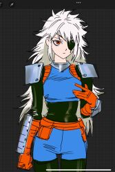  1girl arm_guards armor belt closed_mouth dc_comics eyepatch ghksxodh hair_between_eyes highres long_sleeves looking_to_the_side orange_eyes rose_wilson scar scar_on_face shade sketch solo spiky_hair standing suit teen_titans teen_titans_go! unfinished upper_body white_hair 