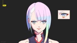  1girl asymmetrical_bangs asymmetrical_hair black_background black_leotard closed_mouth concept_art cyberpunk:_edgerunners cyberpunk_(series) cyborg english_text eyeliner leotard light_particles looking_at_viewer lucy_(cyberpunk) makeup multicolored_hair multicolored_leotard official_art official_art_inset orange_hair parted_lips pink_hair rainbow_hair red_eyeliner red_leotard short_hair_with_long_locks simple_background smile tattoo two-tone_leotard upper_body yoshinari_you 