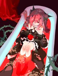  1girl ambiguous_red_liquid bare_legs bare_shoulders barefoot bathtub black_dress black_ribbon chinese_commentary clothed_bath commentary_request criss-cross_halter detached_sleeves dress expressionless food frilled_dress frills from_above fruit full_body hair_between_eyes hair_flowing_over hair_ornament hair_over_one_eye halterneck highres holding holding_food holding_fruit in_bathtub krul_tepes long_hair looking_at_food owari_no_seraph partially_submerged pink_hair plant pointy_ears red_background red_eyes ribbon sidelocks solo two_side_up vampire vines vivian_xiaer 