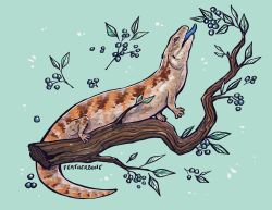  animal_focus artist_name blue-tongued_skink blue_tongue branch colored_tongue feather-bone green_background highres lizard no_humans open_mouth original simple_background tongue tongue_out 