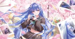  1girl aeon_ion aqua_necktie arcana_(nikke) armband bag bento black_skirt blue_bow blue_eyes blue_hair blue_ribbon blunt_bangs blush branch cherry_blossoms envelope floating_hair flower goddess_of_victory:_nikke hair_intakes hair_ornament hairclip highres holding holding_camera lace lace_trim long_sleeves looking_at_viewer love_letter messenger_bag navel necktie pleated_skirt polaroid_photo school_uniform skirt smile teeth wind 
