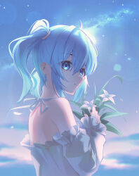  1girl absurdres ahoge arahashi_tabi bare_shoulders blue_eyes blue_hair blue_sky bouquet closed_mouth commentary_request detached_sleeves dress english_commentary flower hair_between_eyes highres holding holding_bouquet hyin long_sleeves looking_at_viewer looking_to_the_side mixed-language_commentary outdoors short_hair short_twintails sidelocks sky solo star_(sky) stellive twintails upper_body virtual_youtuber white_dress white_flower white_sleeves 