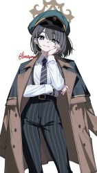  1girl artist_name black_eyes black_necktie blue_archive brown_halo coat coat_on_shoulders diagonal-striped_clothes diagonal-striped_necktie green_hat halo hand_on_own_cheek hand_on_own_face hat high-waist_pants highres hiromi_(blue_archive) looking_at_viewer necktie pants peaked_cap shi_draco smile solo striped_clothes striped_necktie striped_pants suspenders vertical-striped_clothes vertical-striped_pants white_background 
