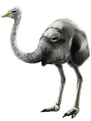 beak bird black_eyes byte_(grunty-hag1) check_commentary chimera clawed_feet claws colored_skin commentary commentary_request elephant feathers grey_skin monster mother_(series) mother_3 nintendo no_humans ostrelephant ostrich realistic simple_background solo standing white_background white_feathers 