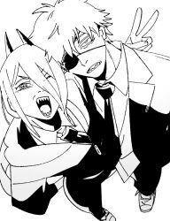  1boy 1girl arm_around_shoulder black_necktie chainsaw_man collared_shirt commentary_request cross-shaped_pupils demon_girl demon_horns denji_(chainsaw_man) hair_between_eyes horns jacket long_hair looking_at_viewer monochrome necktie one_eye_closed open_mouth pants power_(chainsaw_man) sharp_teeth shirt short_hair simple_background symbol-shaped_pupils teeth ten_ten_10_10 v 