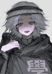  1boy absurdres aotsuki_eito black_cape black_jacket cape glasses grey_background grey_hair hand_up highres jacket last_defense_academy_school_uniform latham_(7189680211) male_focus open_mouth rimless_eyewear school_uniform shaded_face short_hair simple_background smile solo tareme the_hundred_line_-last_defense_academy- 