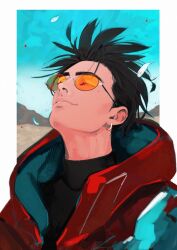  1boy black_shirt blue_coat blue_sky border closed_eyes closed_mouth coat commentary english_commentary falling_feathers feathers glasses head_back highres hollycircling light_smile male_focus mountain official_alternate_hair_color orange-tinted_eyewear red_coat shirt sky solo tinted_eyewear trigun trigun_stampede turtleneck two-sided_coat two-sided_fabric vash_the_stampede white_border 