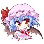  1girl bat_wings blue_hair brooch chibi closed_mouth collared_dress commentary_request crossed_bangs dress fang hair_between_eyes hat hat_ribbon highres invisible_chair jewelry mob_cap no_nose pink_dress pink_headwear pink_wrist_cuffs pointy_ears puffy_short_sleeves puffy_sleeves red_brooch red_eyes red_ribbon remilia_scarlet ribbon short_sleeves simple_background sitting slit_pupils smile solo touhou ut_pictura_poesis white_background wings wrist_cuffs 