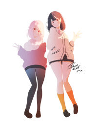  2girls absurdres black_hair black_shoes black_skirt bow bowtie breasts brown_shoes cardigan collared_shirt commentary dated fubuki6277 grey_eyes grey_pantyhose gridman_universe hand_in_pocket highres jacket large_breasts long_hair long_sleeves looking_at_viewer medium_hair multiple_girls orange_socks pantyhose pink_bow pink_bowtie pink_hair pleated_skirt purple_jacket red_eyes school_uniform shinjou_akane shirt shoes signature skirt sleeves_past_wrists small_breasts smile socks ssss.gridman standing takarada_rikka v waving white_background white_cardigan white_shirt 