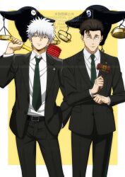  0ksiri0 2boys black_necktie black_suit commentary_request gintama hammer highres higuruma_hiromi holding holding_hammer jacket judge judgeman_(jujutsu_kaisen) jujutsu_kaisen lawyer male_focus multiple_boys necktie sakata_gintoki suit suit_jacket suit_pants 