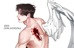  1boy aegyo_sal back back_focus blood blood_on_body broken_wing brown_eyes brown_hair english_text feathered_wings hbd_1025 highres jewelry korean_commentary korean_text looking_back male_focus myers-briggs_type_indicator necklace original parted_bangs parted_lips profile short_hair simple_background single_wing solo teeth toned toned_male topless_male upper_body upper_teeth_only white_background wings 
