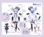  1boy black_horns black_shirt black_thighhighs black_wings blue_eyes blue_hair character_name collared_shirt crown demon_horns demon_wings grey_hoodie grey_shorts headphones highres hood hood_down hoodie horn_ornament horns indie_virtual_youtuber maou_chirorunia microphone_symbol morishima_kon o-ring open_mouth partially_unzipped rabbit_symbol reference_sheet second-party_source shirt short_hair shorts silhouette single_sock single_thighhigh socks striped striped_shorts sweater thigh-highs two-tone_hoodie virtual_youtuber white_footwear white_sweater wings 