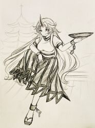  1girl absurdres breasts chain closed_mouth commentary_request cuffs cup fang fang_out full_body highres holding holding_cup horns hoshiguma_yuugi large_breasts long_hair looking_at_viewer on_roof oni pointy_ears puffy_short_sleeves puffy_sleeves sakazuki sandals shackles shirt short_sleeves single_horn sitting sitting_on_roof skirt solo touhou traditional_media very_long_hair wu_yu_wanwan 