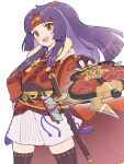  1girl fire_emblem fire_emblem:_radiant_dawn fire_emblem_heroes gonzarez headband highres japanese_clothes katana long_hair looking_at_viewer ninja official_alternate_costume official_alternate_hairstyle open_mouth orange_eyes ponytail purple_hair sanaki_kirsch_altina sanaki_kirsch_altina_(ninja) scroll skindentation smile solo sword thigh-highs v-shaped_eyebrows weapon white_background 