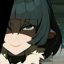  1girl animal_ears close-up earrings green_eyes jacket jane_doe_(zenless_zone_zero) jewelry looking_at_viewer mouse_ears mouse_girl notched_ear shaded_face simple_background smile solo stud_earrings zenless_zone_zero 