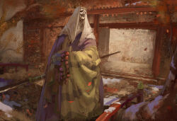  1girl autumn_leaves beads commentary corrupted_monk full_body japanese_clothes kazo_(kazozakazo) kimono layered_kimono leaf looking_up mask oni_mask outdoors prayer_beads purple_kimono sekiro:_shadows_die_twice solo standing tree veil white_veil yellow_kimono 