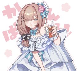 1girl bare_shoulders black_bow blue_bow blue_bowtie blush bow bowtie breasts brown_hair collarbone commentary_request crown dress drink_carton drinking_straw fingernails flower frilled_dress frills green_eyes hair_bow hair_flower hair_intakes hair_ornament hair_over_one_eye hairclip hewdrawobake highres holding holding_drink_carton large_breasts leaning_forward long_hair looking_at_viewer mini_crown nail_polish nijisanji off-shoulder_dress off_shoulder open_mouth pink_flower pink_nails smile solo striped_bow suzuhara_lulu suzuhara_lulu_(3rd_costume) virtual_youtuber white_background white_dress 