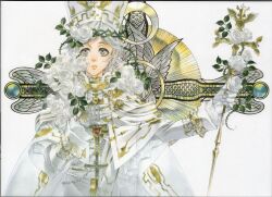  1boy absurdres collar cross flower freckles gold_trim grey_eyes grey_hair hat highres holding holding_scepter kujou_kiyo lace latin_cross leaf looking_up metal_collar non-web_source ornate pope pope_alessandro priest rose scan scepter thorns trinity_blood vatican white_flower white_rose 
