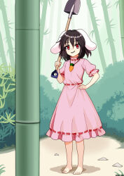  1girl animal_ears bamboo bamboo_forest barefoot carrot_necklace commentary_request dress floppy_ears forest hand_on_own_hip highres holding holding_shovel inaba_tewi jewelry looking_at_viewer medium_hair mist9801km nature necklace outdoors pendant pink_dress puffy_short_sleeves puffy_sleeves rabbit_ears rabbit_girl red_eyes ribbon-trimmed_dress ribbon_trim short_sleeves shovel smile solo toes touhou 