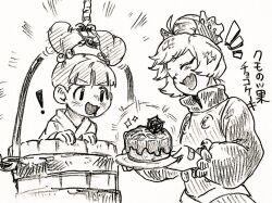  ! 2girls bandaid bandaid_on_hand blush bow bucket cake closed_eyes commentary dress fangs food hair_bobbles hair_bow hair_bun hair_ornament holding holding_plate in_bucket in_container japanese_clothes kimono kisume kurodani_yamame long_sleeves menotama multi-source_commentary multiple_girls open_mouth plate skin_fangs smile touhou traditional_media translated twintails valentine wooden_bucket 