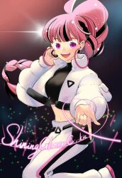 1girl alternate_costume braid braided_ponytail character_name cookie_run cookie_run:_ovenbreak crop_top earrings eyelashes female glitter glitter_in_hair hand_on_headset hand_on_headwear headset heart hoop_earrings jacket long_hair looking_at_viewer multicolored_hair official_alternate_costume one_leg_raised open_jacket pants pink_hair shining_glitter_cookie shining_glitter_cookie_(superstar_airport_attire) smile third-party_source white_pants