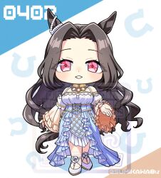  1girl animal_ears blue_corset blush breasts brown_hair chibi commentary corset detached_sleeves dress ear_ornament full_body gem gold_collar hair_intakes horse_ears horse_girl horse_tail long_hair looking_at_viewer off-shoulder_dress off_shoulder open_mouth pearl_(gemstone) pink_eyes saint_lite_(umamusume) shoes solo sumikawa_(sumikawa8v) tail umamusume untranslatable_commentary 