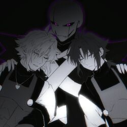  3boys :| absurdres alternate_universe antenna_hair armor arms_at_sides bald black_background brothers buttons cape chara_(undertale) chinese_commentary chromatic_aberration clenched_teeth closed_eyes closed_mouth colored_sclera commentary_request facial_hair facing_another family fangs father_and_child father_and_son film_grain fingernails frisk_(undertale) hair_between_eyes hair_tie hanbaobaobaozhu hand_on_another's_shoulder heart heart_necklace high_contrast highres hood hood_down hooded_jacket jacket jewelry looking_at_viewer low_ponytail male_focus mature_male medium_hair multiple_boys necklace no_nose open_clothes open_jacket outline parent_and_child parted_lips pink_eyes ponytail puffy_sleeves purple_outline scar scar_across_eye scar_across_eyes scar_on_face serious short_hair siblings sidelocks simple_background skin_fangs smile spot_color sweater swept_bangs teeth thick_eyebrows three-quarter_sleeves turtleneck turtleneck_sweater u_u undertale upper_body utdr_(toby_fox) vignetting w.d._gaster xtale 