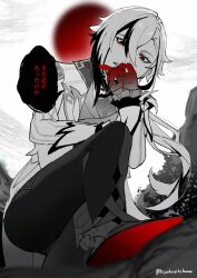  1girl arlecchino_(genshin_impact) black_eyes black_hair black_streaks coat commentary_request genshin_impact grey_hair hair_between_eyes hand_to_own_mouth highres hiyokosikikan long_sleeves looking_down mihoyo multicolored_hair multiple_girls partially_colored red_pupils solo stepped_on streaked_hair symbol-shaped_pupils two-tone_hair white_hair x-shaped_pupils 