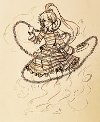  1girl absurdres chain chinese_commentary commentary_request cuffs ghost_tail hair_ornament hair_tubes handcuffs highres holding holding_handcuffs long_hair long_sleeves looking_at_viewer miyadeguchi_mizuchi ponytail prison_clothes shackles shirt skirt skull_hair_ornament smile solo striped_clothes striped_shirt striped_skirt touhou traditional_media wu_yu_wanwan 
