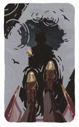  animal_ears black_pants brown_shoes commentary ek276 from_above gold_trim highres outdoors pants puddle rain reflection reflective_liquid ripples shadow shoes silhouette standing striped_clothes striped_pants umbrella vertical-striped_clothes vertical-striped_pants yellow_leaf 