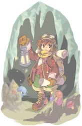  1boy backpack bag boots brown_boots brown_eyes brown_hair brown_hat brown_jacket cave emil_(eco) emil_chronicle_online goggles goggles_on_head green_pants hanehane_kiro hat holding holding_lantern holding_paper jacket lantern mushroom official_art open_mouth pants paper scarf shirt slime_(creature) stalactite white_shirt yellow_bag yellow_scarf 