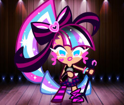 1girl asymmetrical_legwear belt bow bracelet cookie_run cookie_run:_kingdom eyelashes eyeshadow female hair_ornament heart heart_on_cheek holding holding_microphone holding_microphone_stand long_hair microphone microphone_stand multicolored_hair pink_hair ponytail shining_glitter_cookie skirt stockings tank_top