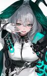  1girl :q absurdres aqua_eyes aqua_nails arknights black_wings breasts dress fang feathered_wings fingerless_gloves fingernails freng gloves grey_hair hair_between_eyes hand_up head_wings highres ho&#039;olheyak_(arknights) jacket large_breasts long_sleeves looking_at_viewer medium_hair nail_polish open_clothes open_jacket open_mouth simple_background slit_pupils solo tail teeth tongue tongue_out upper_body white_background white_dress white_gloves white_jacket wings 